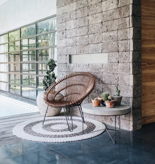 Modern lobby interior with stone feature wall