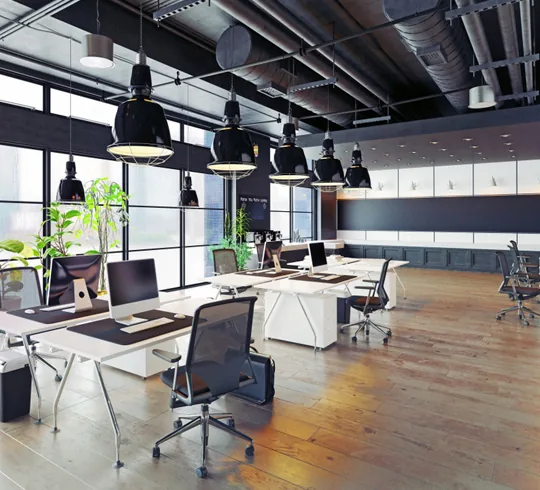 Modern office workspace with decorative wall panels