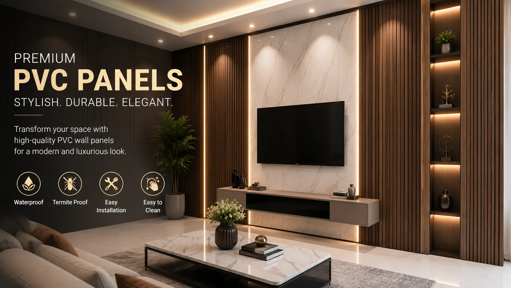 Premium PVC wall panels installed for interior decoration in Shikohabad