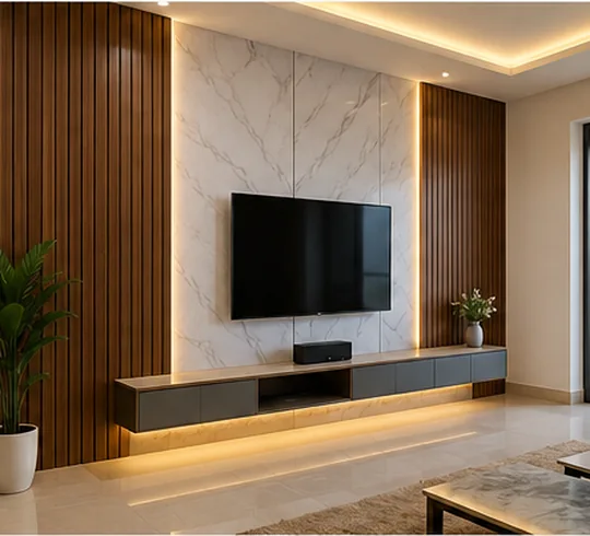 Modern living room with PVC wall panel and TV unit interior design
