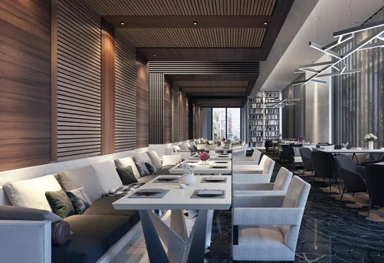 Restaurant interior with wooden fluted wall panels