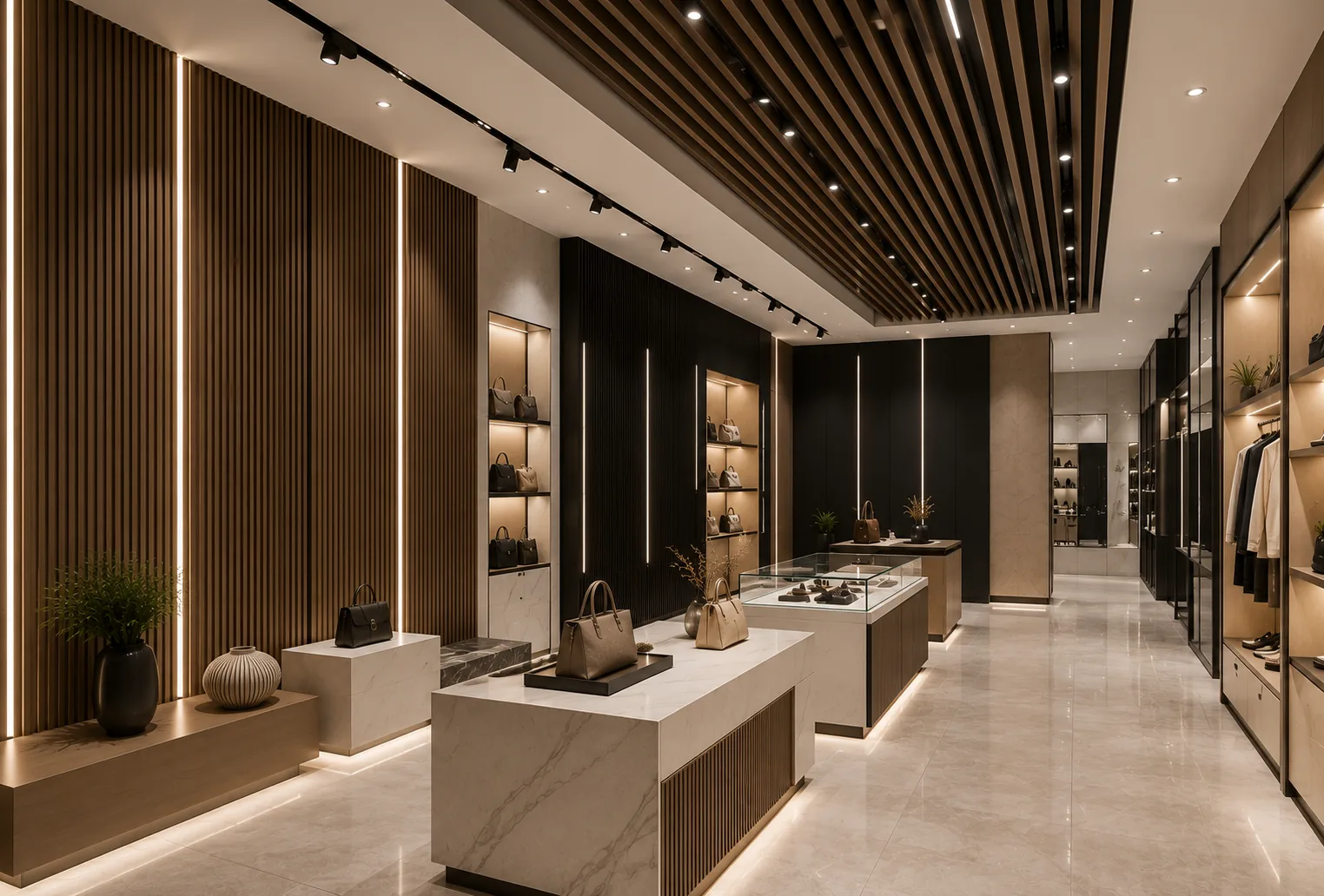 Retail showroom interior design with wall panels and ceiling